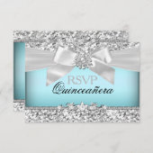 Zilver Blauw Glitter & Jewel Bow Quinceanera RSVP (Voorkant / Achterkant)