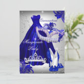 Zilver & Blauw jurk masquerade Quinceanera uitnodi Kaart (Staand voorkant)