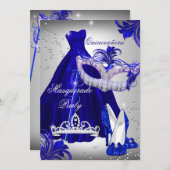 Zilver & Blauw jurk masquerade Quinceanera uitnodi Kaart (Voorkant / Achterkant)
