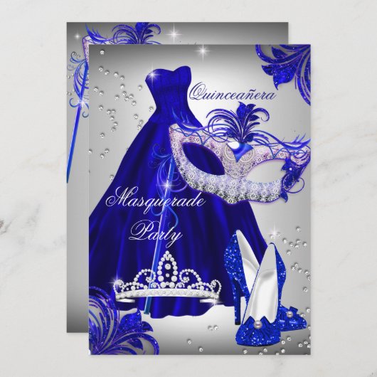Zilver & Blauw jurk masquerade Quinceanera uitnodi Kaart (Voorkant / Achterkant)
