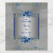 Zilver & Blauw Metallic Petals Wijn Etiket (Enkel label)
