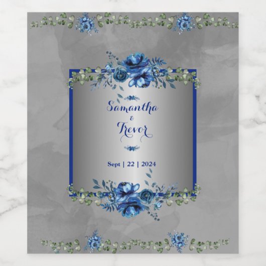 Zilver & Blauw Metallic Petals Wijn Etiket (Enkel label)