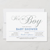 Zilver, blauw | Modern Typografie Boy Baby shower Kaart (Voorkant)