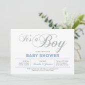 Zilver, blauw | Modern Typografie Boy Baby shower Kaart (Staand voorkant)