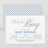 Zilver, blauw | Modern Typografie Boy Baby shower Kaart (Voorkant / Achterkant)