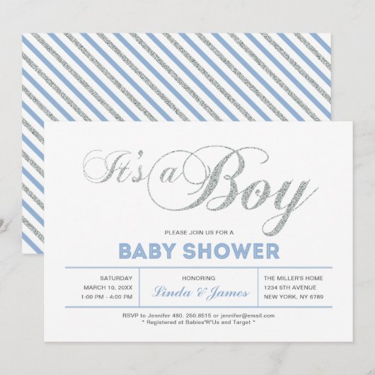 Zilver, blauw | Modern Typografie Boy Baby shower Kaart (Voorkant / Achterkant)