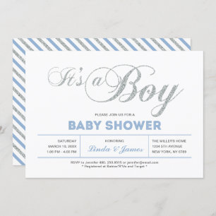 Zilver, blauw Modern Typografie Boy Baby shower Kaart