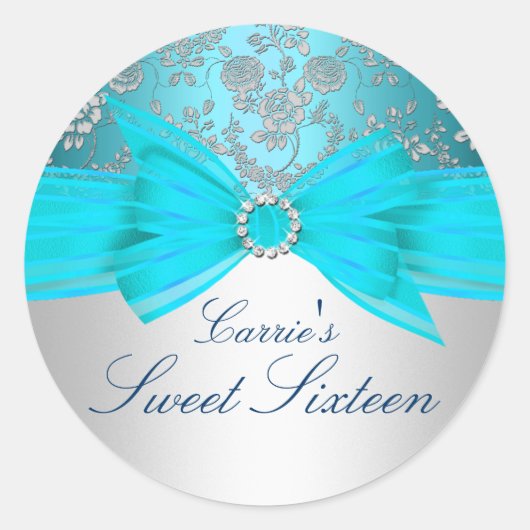Zilver & Blauw Roos Sweet Sixteen Sticker (Voorkant)