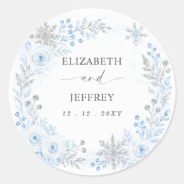 Zilver Blauw Sneeuwvlokken Bloemige Winter Bruilof Ronde Sticker