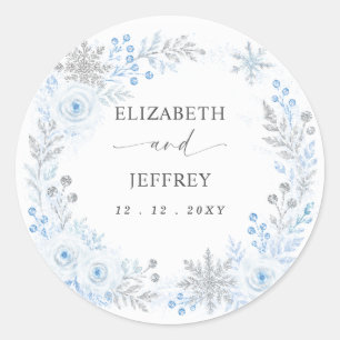 Zilver Blauw Sneeuwvlokken Bloemige Winter Bruilof Ronde Sticker