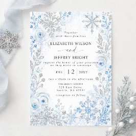 Zilver Blauw Sneeuwvlokken Bloemige Winter Huwelij Kaart