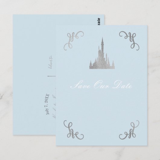 Zilver & Blauw Storybook Prinses Save the Date Briefkaart (Voorkant / Achterkant)
