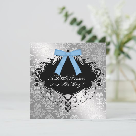 Zilver Blauw Zwarte Prins Baby Boy Douche Kaart (Staand voorkant)