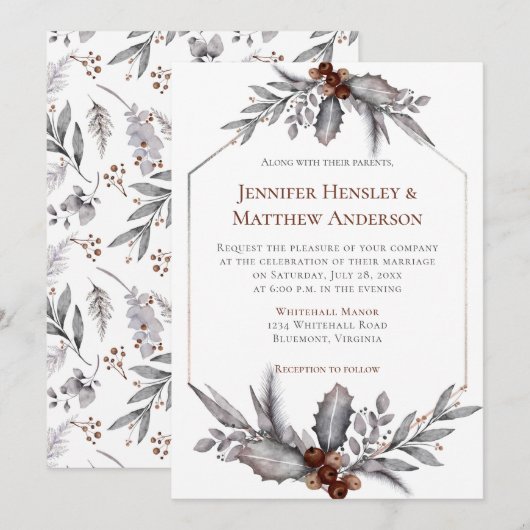 Zilver, Blauwe Grijs, Rusty Brown Winter Wedding Kaart (Voorkant / Achterkant)