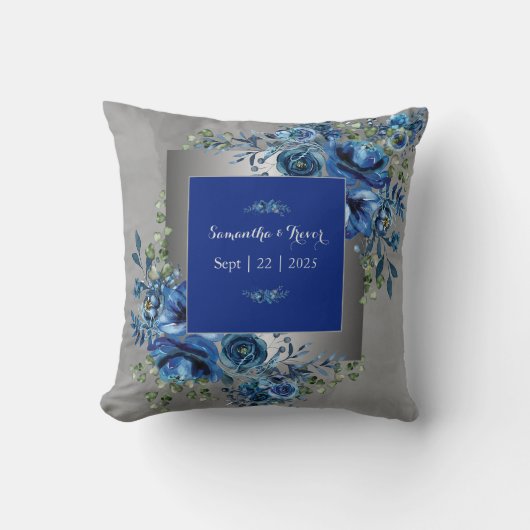 Zilver & Blauwe Petal Symphony Worpkussen Kussen (Voorkant)