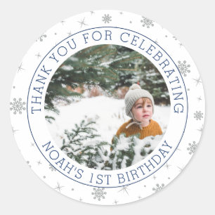 Zilver & Blauwe Sneeuwvlok   1e Verjaardagsfeestje Ronde Sticker