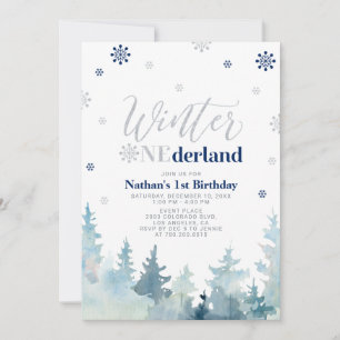 Zilver & Blauwe Winter onederland 1e verjaardagsfe Kaart