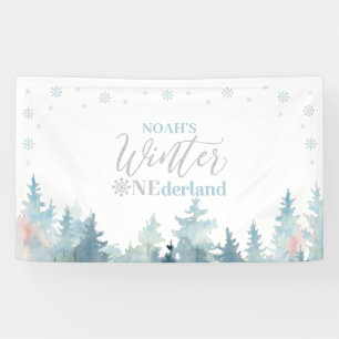 Zilver & Blauwe Winter Onederland 1e Verjaardagsfe Spandoek
