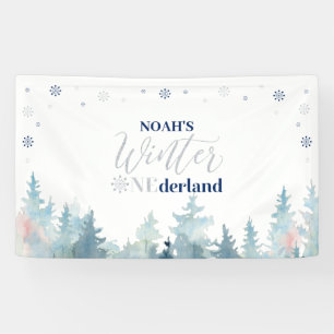 Zilver & Blauwe Winter Onederland 1e Verjaardagsfe Spandoek
