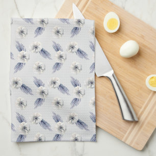 Zilver Blauwe Witte Bloemen & Immergroen Theedoek