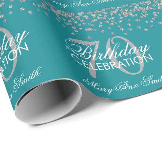 Zilver Blauwgroen 70e Verjaardag Faux Glitter Conf Cadeaupapier (Rol Hoek)