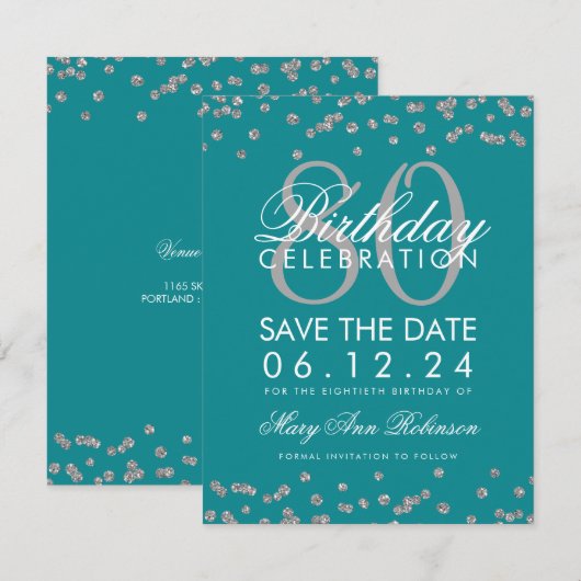 Zilver Blauwgroen 80ste verjaardag Save Date Confe Kaart (Voorkant / Achterkant)