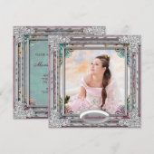 Zilver Blauwgroen Blauw Koraal Roze Foto Quinceane Kaart (Voorkant / Achterkant)