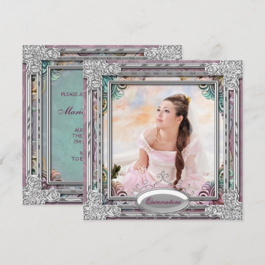 Zilver Blauwgroen Blauw Koraal Roze Foto Quinceane Kaart (Voorkant / Achterkant)