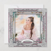 Zilver Blauwgroen Blauw Koraal Roze Foto Quinceane Kaart (Voorkant)