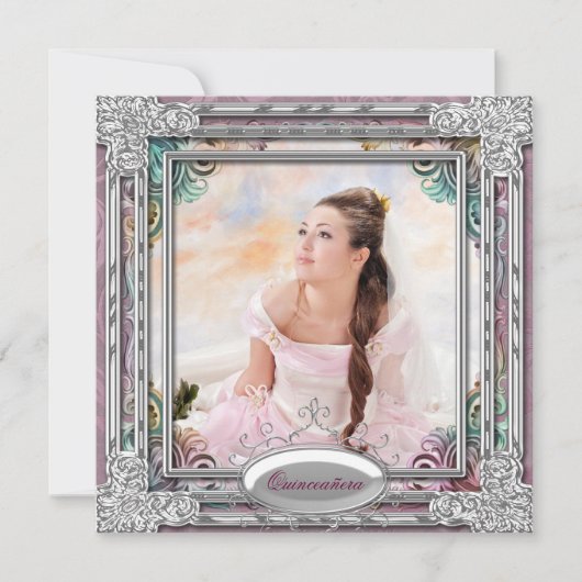 Zilver Blauwgroen Blauw Koraal Roze Foto Quinceane Kaart (Voorkant)