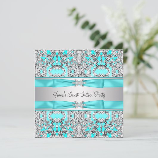 Zilver Blauwgroen Blauw Sweet Sixteen Party Kaart (Staand voorkant)