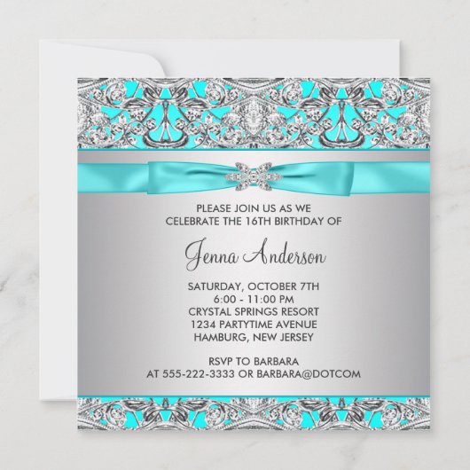 Zilver Blauwgroen Blauw Sweet Sixteen Party Kaart (Achterkant)