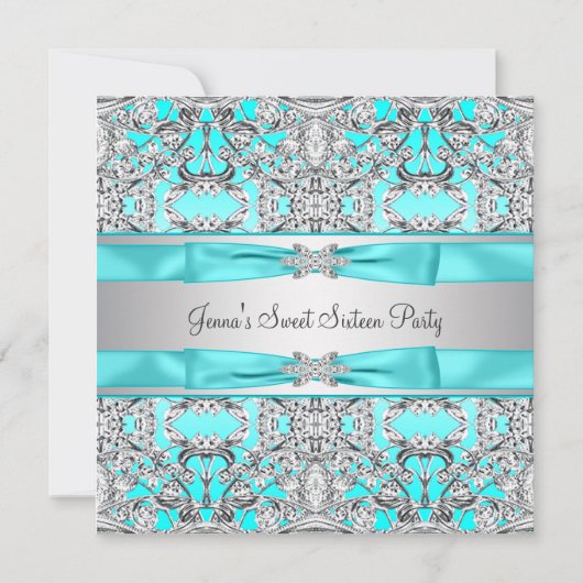 Zilver Blauwgroen Blauw Sweet Sixteen Party Kaart (Voorkant)