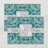 Zilver & Blauwgroen Damask Trouwtafel Nummer Kaart (Voorkant / Achterkant)
