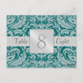 Zilver & Blauwgroen Damask Trouwtafel Nummer Kaart (Achterkant)