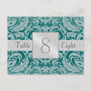 Zilver & Blauwgroen Damask Trouwtafel Nummer Kaart
