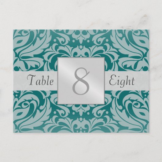Zilver & Blauwgroen Damask Trouwtafel Nummer Kaart (Voorkant)