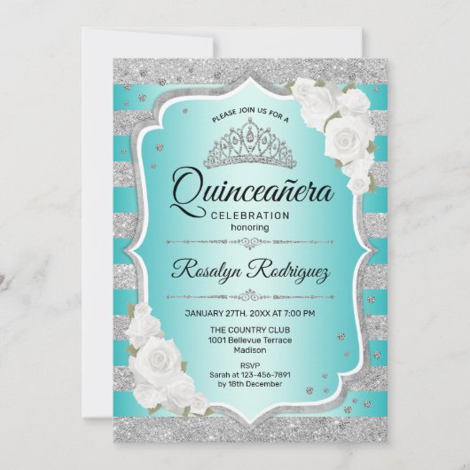 Zilver Blauwgroen Elegant Quinceanera Invitation Kaart (Voorkant)