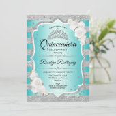 Zilver Blauwgroen Elegant Quinceanera Invitation Kaart (Staand voorkant)
