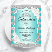 Zilver Blauwgroen Elegant Quinceanera Invitation Kaart