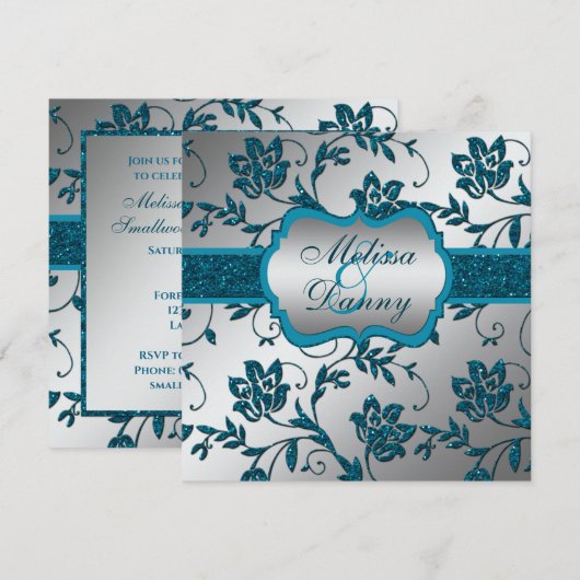 Zilver Blauwgroen FAUX Glitter Floral Engagement P Kaart (Voorkant / Achterkant)