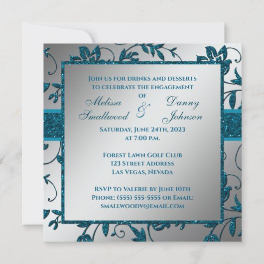 Zilver Blauwgroen FAUX Glitter Floral Engagement P Kaart (Achterkant)