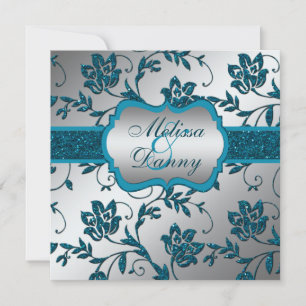 Zilver Blauwgroen FAUX Glitter Floral Engagement P Kaart