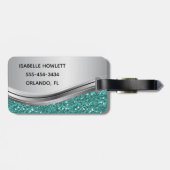 Zilver Blauwgroen Faux Glitter Glam Personalized M Bagagelabel (Achterkant horizontaal)