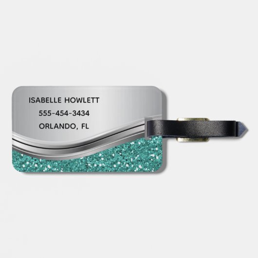 Zilver Blauwgroen Faux Glitter Glam Personalized M Bagagelabel (Achterkant horizontaal)