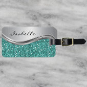 Zilver Blauwgroen Faux Glitter Glam Personalized M Bagagelabel