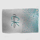 Zilver blauwgroen glitter custom monogram groen golfhanddoek (Horizontaal)