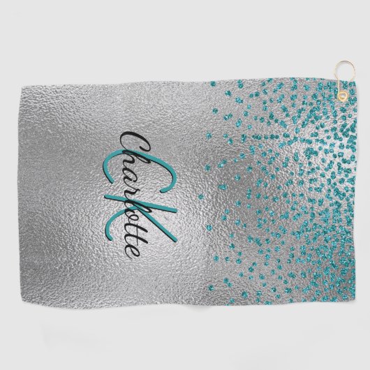 Zilver blauwgroen glitter custom monogram groen golfhanddoek (Horizontaal)