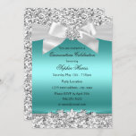 Zilver Blauwgroen Glitter & Jewel Bow Quinceanera Kaart<br><div class="desc">Silver & Blauwgroen Quinceañera Party Invitation.  zilveren glitter en diamantsieraddenboog. Let op: alle platte afbeeldingen!</div>