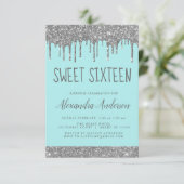 Zilver Blauwgroen Glitter Sparkle Elegant Sweet 16 Kaart (Staand voorkant)